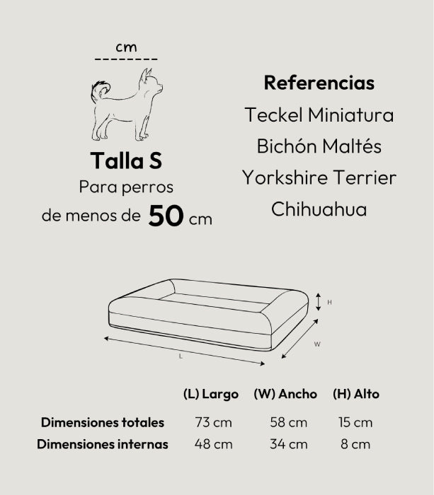 Pethijos España - Camas para perros ortopedicas viscoelasticas - cuadro de medidas de tallas tamaño S