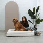 Pethijos Espana - Camas para perros ortopedicas viscoelasticas - mujer con perro grande sobre cama