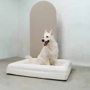 Elegante cama ortopédica para perros con funda bouclé blanca
